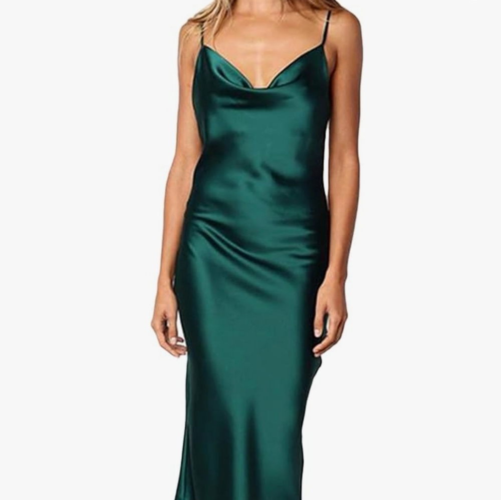 NWT Women's Sleeveless Spaghetti Strap Satin Cowl Neck Midi Dress